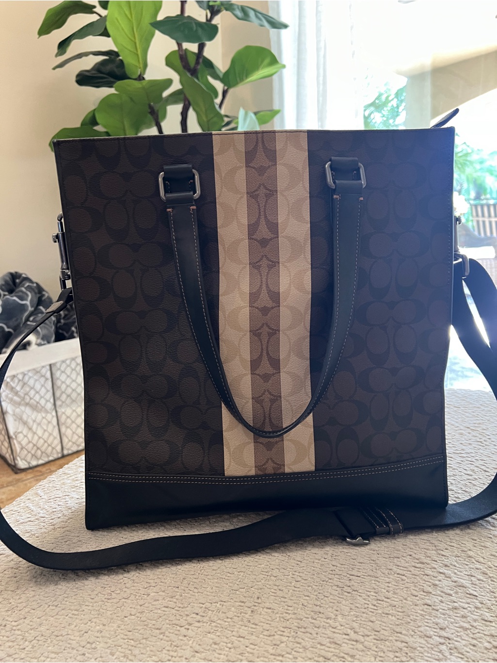 Coach Men's Signature Messenger Tote In Brown With Center Stripe
